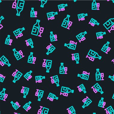 Cam ikonlu çizgi şarap şişesi siyah arka planda izole edilmiş. Vektör