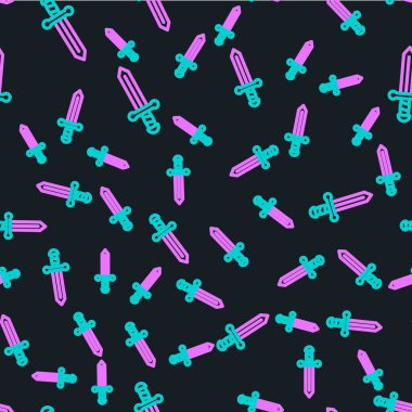 Çizgi Ortaçağ kılıç ikonu siyah arkaplanda kusursuz desen izole etti. Ortaçağ silahı. Vektör