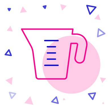 Beyaz zemin üzerinde izole edilmiş kuru ve sıvı yiyecek ikonunu ölçmek için çizgi ölçme kabı. Plastik şişenin sapı var. Renkli taslak konsepti. Vektör