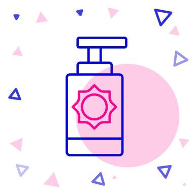 Beyaz arkaplanda izole edilmiş güneş kremi şişesi simgesi. Cilt için güneş ultraviyole ışığından koruma. Renkli taslak konsepti. Vektör