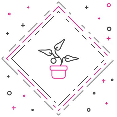 Çömlek simgesindeki Çizgi Tesisi beyaz arkaplanda izole edildi. Tencerede yetişen bir bitki. Saksı bitkisi işareti. Renkli taslak konsepti. Vektör