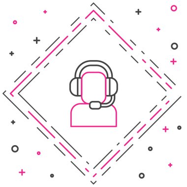 Beyaz arkaplanda izole edilmiş bir kulaklık simgesine sahip Çizgi Adam. Destek operatörü hatta. Çağrı merkezi konsepti, müşteri destek servisi. Renkli taslak konsepti. Vektör