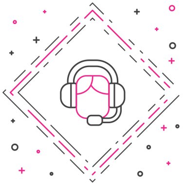 Beyaz arkaplanda izole edilmiş bir kulaklık simgesi olan Çizgi Kadını. Destek operatörü hatta. Çağrı merkezi konsepti, müşteri destek servisi. Renkli taslak konsepti. Vektör