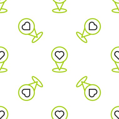 Kalp simgesine sahip çizgi haritası işaretleyicisi beyaz arkaplanda izole edilmiş pürüzsüz desen. Sevgililer Günü. Aşk yeri. Romantik harita iğnesi. Vektör