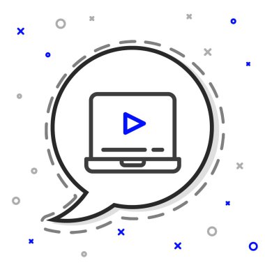 Line Online video simgesi beyaz arkaplanda izole edildi. Dizüstü bilgisayar ve oyun işaretli film şeridi. Renkli taslak konsepti. Vektör