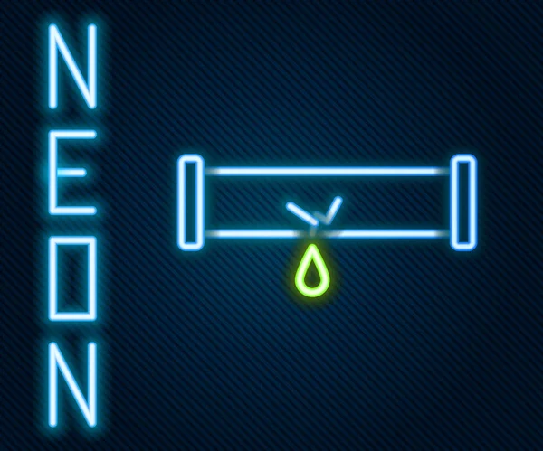 Gloeiende Neon Lijn Gebroken Metalen Buis Met Lekkende Water Pictogram — Stockvector