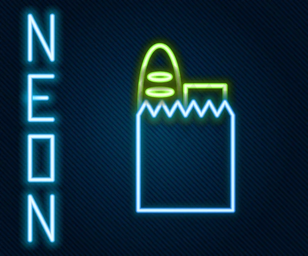 Zářící Neonová Řada Papírová Nákupní Taška Ikona Potravin Izolované Černém — Stockový vektor