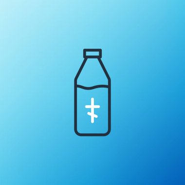Kutsal su şişesi simgesi mavi arkaplanda izole edilmiş. Sihirli sıvıyla birlikte cam şişe. Renkli taslak konsepti. Vektör
