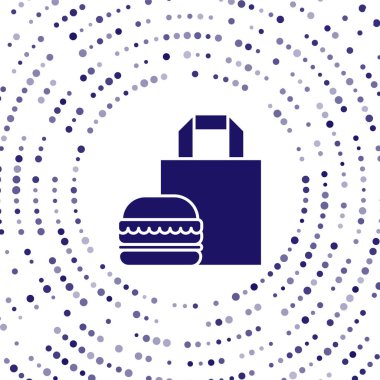 Mavi Çevrimiçi sipariş ve hamburger dağıtım ikonu beyaz arka planda izole edildi. Soyut çember rastgele noktalar. Vektör İllüstrasyonu.