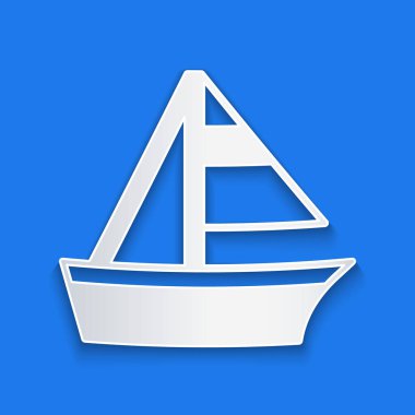 Kağıt kesiği yelkenli ya da yelkenli ikonu mavi arka planda izole edilmiş. Yelkenli deniz seyahati. Kağıt sanatı tarzı. Vektör.