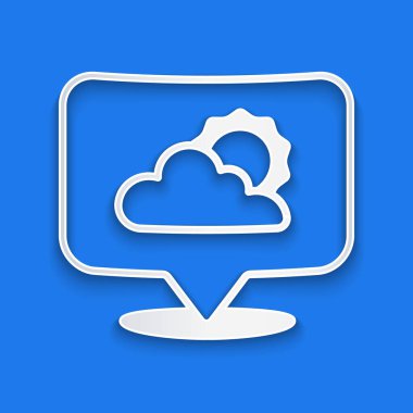 Kağıt kesiği konum bulut simgesi mavi arka planda izole. Kağıt sanatı tarzı. Vektör.