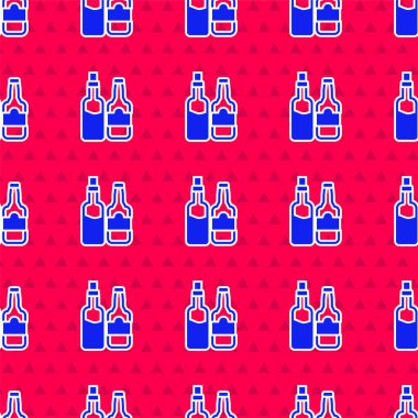 Mavi viski şişesi ikonu, kırmızı arka planda izole edilmiş, pürüzsüz desen. Vektör.