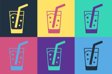 Renk arkaplanında su ikonu olan Pop Art Glass. Soda bardağı. Vektör.