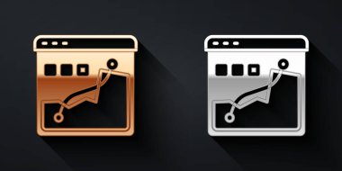 Siyah arkaplanda izole edilmiş altın ve gümüş Histogram grafik fotoğraf ikonu. Uzun gölge tarzı. Vektör.