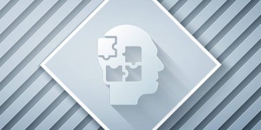 Kağıt kesiği İnsan kafası bulmaca stratejisi simgesi gri arka planda izole edildi. Beyin işaretini düşünüyorum. Beynin sembol çalışması. Kağıt sanatı tarzı. Vektör.