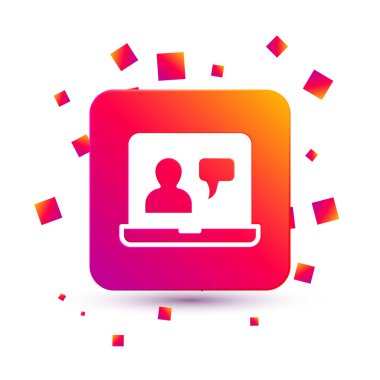 Beyaz Çevrimiçi Eğitim ve mezuniyet ikonu beyaz arka planda izole edildi. İnternetteki öğretmen monitörde. Giyinme ve video semineri öğrenme. Kare renk düğmesi. Vektör.