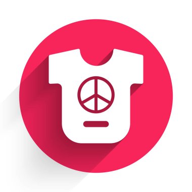 Beyaz Barış ikonu uzun gölgelerle izole edilmiş. Hippi barış sembolü. Kırmızı daire düğmesi. Vektör.