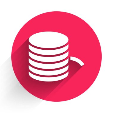 Üç boyutlu yazdırma simgesi için beyaz plastik iplik uzun gölgeli izole edilmiş. Kırmızı daire düğmesi. Vektör.