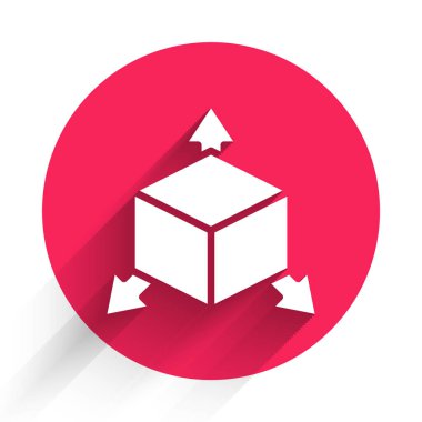 Uzun gölgeli beyaz Isome küp simgesi. Geometrik küp katı simge. 3 boyutlu kare işareti. Kutu sembolü. Kırmızı daire düğmesi. Vektör.