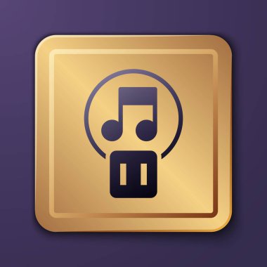 Mor Duraklat düğmesi simgesi mor arkaplanda izole edildi. Altın kare düğme. Vektör.
