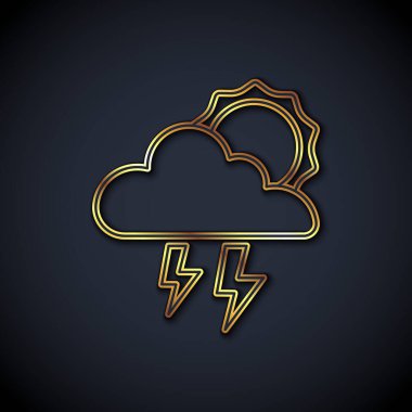 Altın Çizgili Fırtına simgesi siyah arkaplanda izole edildi. Şimşek ve güneş işaretli bir bulut. Fırtınanın hava durumu ikonu. Vektör.