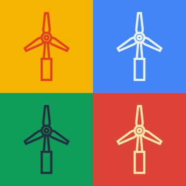 Pop sanat çizgisi rüzgar türbini simgesi renk arkaplanında izole edildi. Rüzgar jeneratörü işareti. Elektrik üretimi için yel değirmeni. Vektör.
