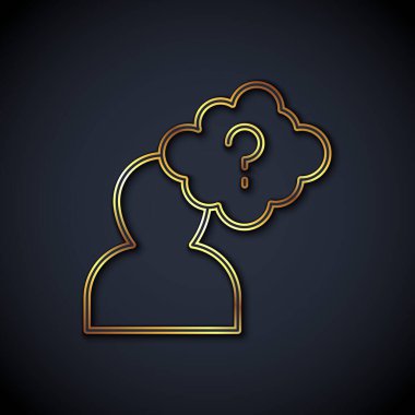 Siyah arka planda soru işareti simgesi olan altın çizgili insan kafası. Vektör.