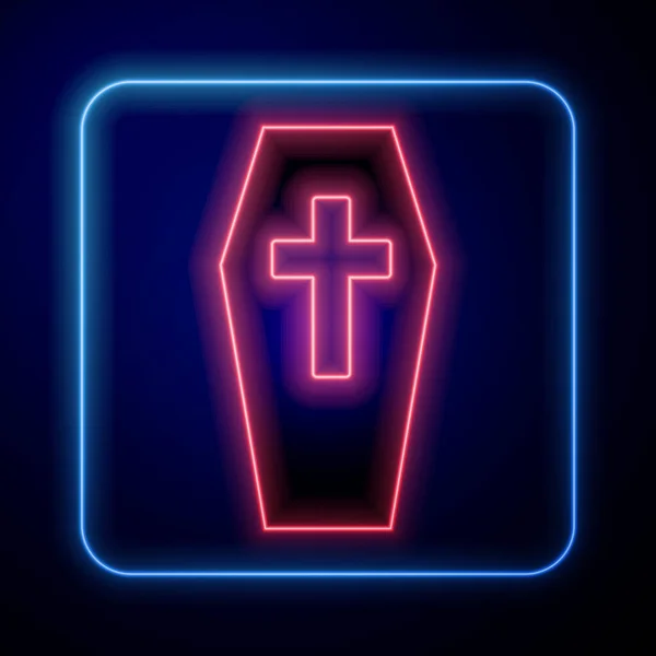 Coffin Neón Brillante Con Icono Cruz Cristiana Aislado Sobre Fondo — Vector de stock