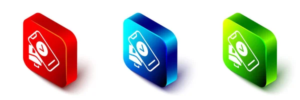 具有打印回收站的等距自动取款机终端 并确认用白色背景隔离的智能手机图标支付的费用 Nfc支付概念 蓝色和绿色正方形按钮 — 图库矢量图片