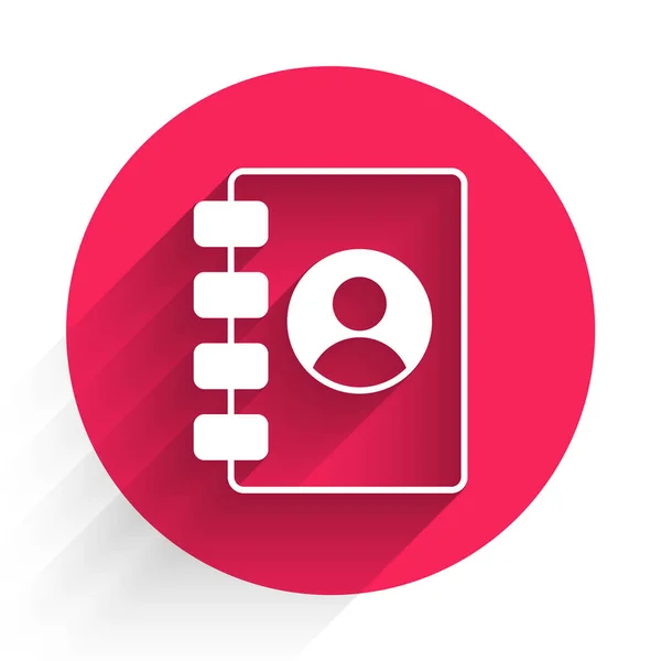 White Address book icon isolated with long shadow. Notebook, address, contact, directory, phone, telephone book icon. Red circle button. Vector.