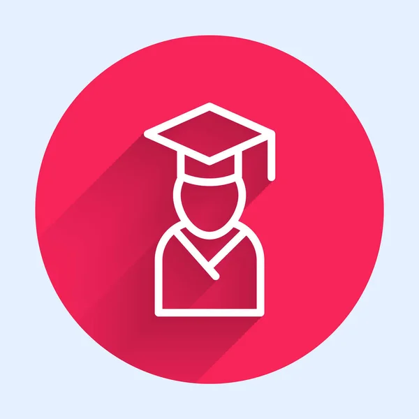 White Line Graduate Graduation Cap Icon Isolated Long Shadow Red — Διανυσματικό Αρχείο