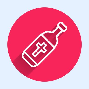 Beyaz çizgi kutsal su şişesi ikonu uzun gölgeli izole edilmiş. Sihirli sıvıyla birlikte cam şişe. Kırmızı daire düğmesi. Vektör