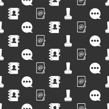 Set Stamp, Speech bubble chat, Address book and Mail and e-mail on seamless pattern. Vector