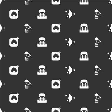 Set Filter setting, Cloud technology data transfer, and Hangar with servers on seamless pattern. Vector