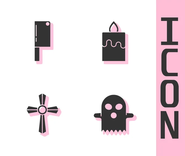 Set Ghost, Meat chopper, Tombstone with cross and Burning candle icon. Vector — Image vectorielle