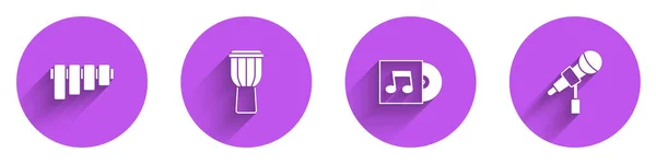 Set Pan flute, Drum, Vinyl disk and Microphone icon with long shadow. Vector — Stock Vector