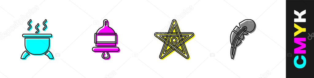 Set Witch cauldron, Ringing alarm bell, Pentagram and Feather pen icon. Vector