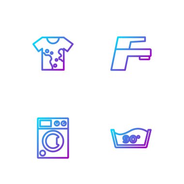 Hat ısısını, çamaşır makinesini, kirli tişörtü ve musluğu ayarlayın. Renk simgeleri. Vektör