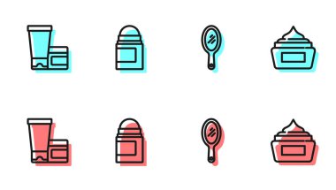 El aynası, krem losyon kozmetik tüp, terleme önleyici deodorant rulo ve ikon. Vektör