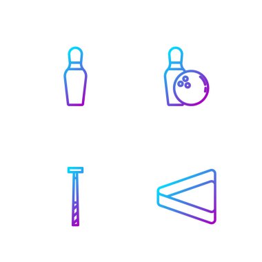 Çizgi bilardo üçgeni, işaret, bovling pimi ve top. Renk simgeleri. Vektör