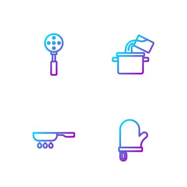 Fırın eldiveni, kızartma tavası, spatula ve tencere. Renk simgeleri. Vektör