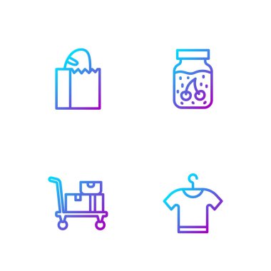 Çizgili tişört, el arabası ve kutular, ekmekli kağıt torba ve reçel kavanozu. Renk simgeleri. Vektör