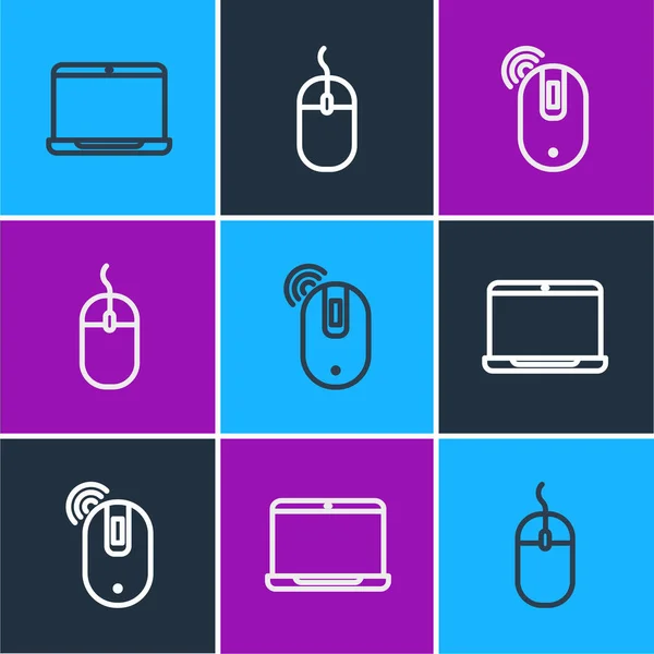 Set line Laptop, Wireless computer mouse and Computer icon. Vector — Stock Vector