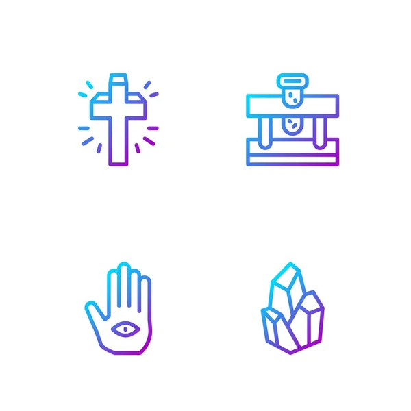 Set line Piedra mágica, mano de hamsa, cruz cristiana y botella con poción. Iconos de color degradado. Vector — Vector de stock