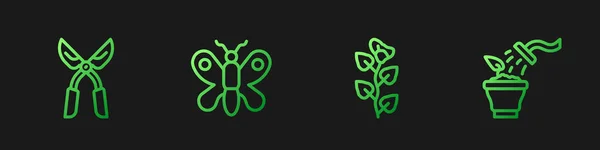 Set ligne branche de lierre, Jardinage ciseaux faits à la main, Papillon et plante de pulvérisation. Icônes de couleurs dégradées. Vecteur — Image vectorielle
