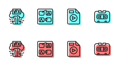 Satır AVI dosya belgesi, VFX, Storyboard ve Retro ses kaset simgesini ayarla. Vektör