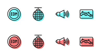 Hat hoparlörü sesi, EDM elektronik dans müziği, Disko topu ve müzik dalga eşitleyici ikonu. Vektör