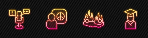 Set line Burning car, Freedom of speech, Peace talks and Graduate and graduation cap. Glowing neon icon. Vector — Διανυσματικό Αρχείο