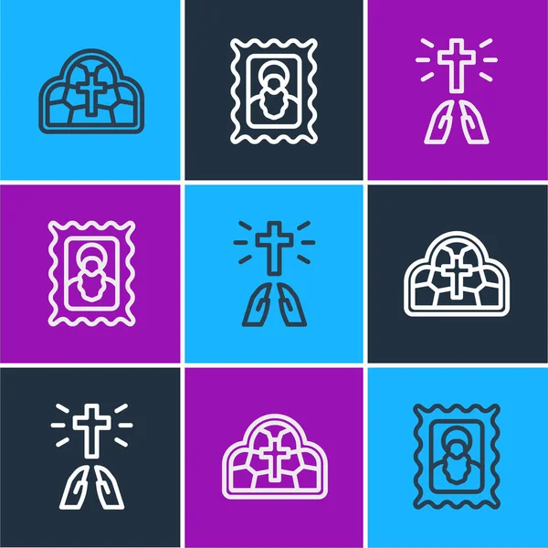 Set línea vidrieras, las manos rezando posición y el icono cristiano icono. Vector — Vector de stock