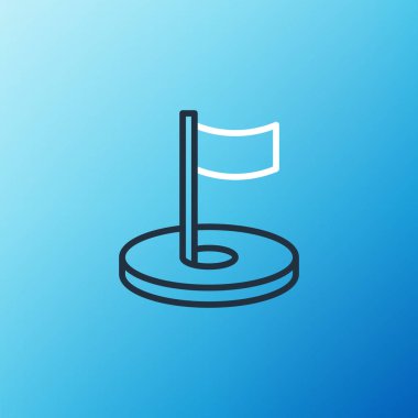 Mavi zemin üzerinde bayrak simgesi olan golf sahası deliği. Renkli taslak konsepti. Vektör